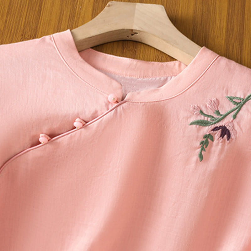 Nimara Ritual Casual Women's Flowers Leaves Embroidery Pattern Frog-Button Crew Neck Design Half Sleeve Cotton Linen Shirt
