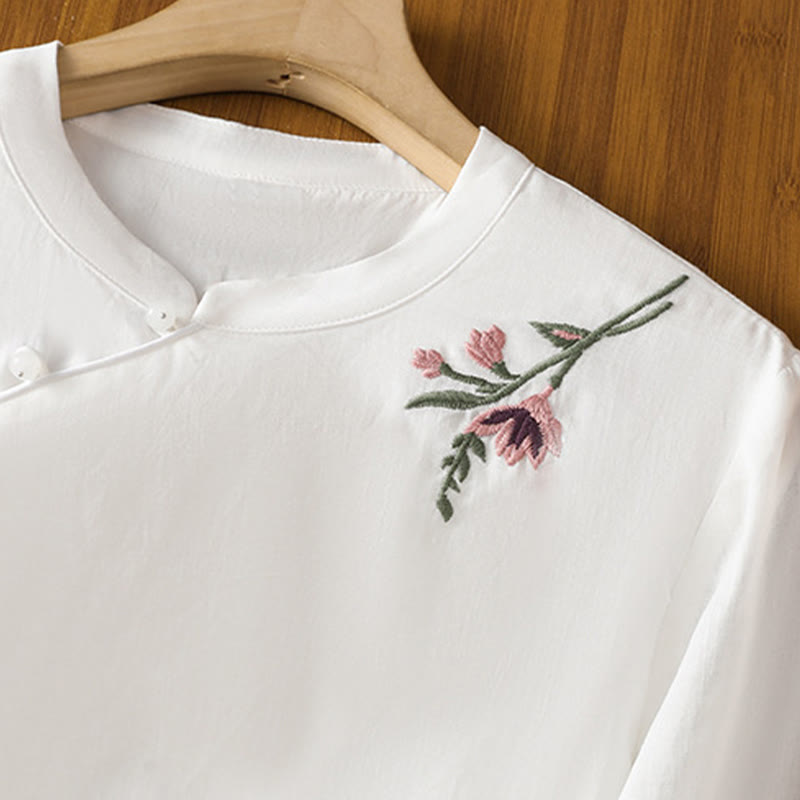 Nimara Ritual Casual Women's Flowers Leaves Embroidery Pattern Frog-Button Crew Neck Design Half Sleeve Cotton Linen Shirt