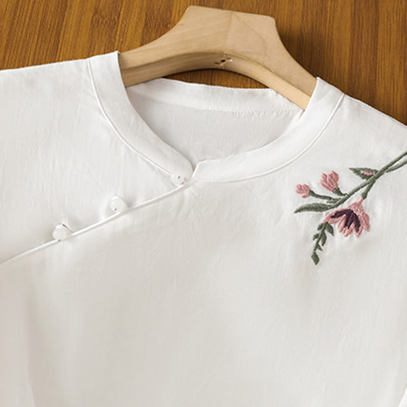 Nimara Ritual Casual Women's Flowers Leaves Embroidery Pattern Frog-Button Crew Neck Design Half Sleeve Cotton Linen Shirt
