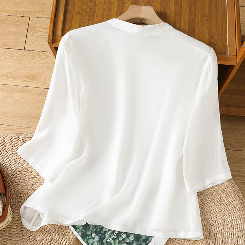 Nimara Ritual Casual Women's Flowers Leaves Embroidery Pattern Frog-Button Crew Neck Design Half Sleeve Cotton Linen Shirt