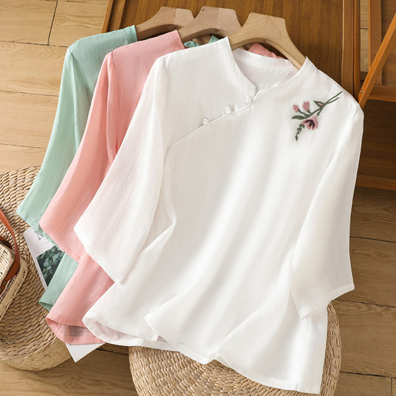 Nimara Ritual Casual Women's Flowers Leaves Embroidery Pattern Frog-Button Crew Neck Design Half Sleeve Cotton Linen Shirt