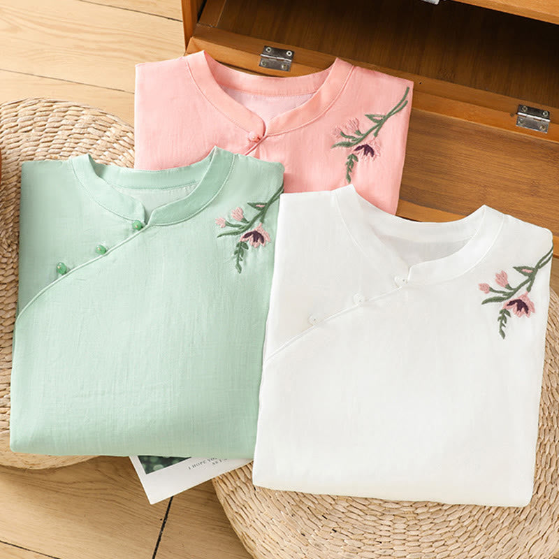 Nimara Ritual Casual Women's Flowers Leaves Embroidery Pattern Frog-Button Crew Neck Design Half Sleeve Cotton Linen Shirt