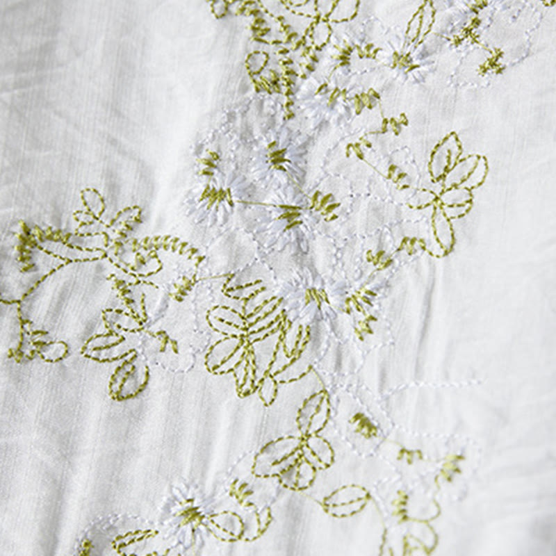 Nimara Ritual Casual Women's Flowers Embroidery Pattern Frog-button Slanted Collar Design Three Quarter Sleeve Cotton Linen Shirt