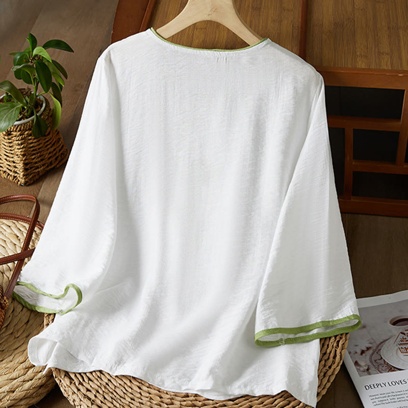 Nimara Ritual Casual Women's Flowers Embroidery Pattern Frog-button Slanted Collar Design Three Quarter Sleeve Cotton Linen Shirt