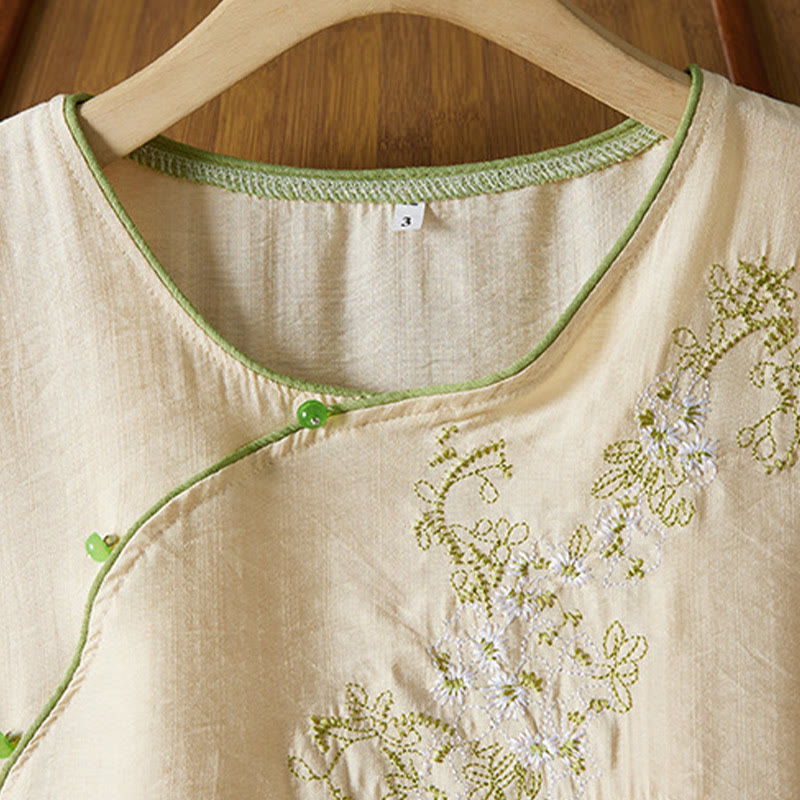 Nimara Ritual Casual Women's Flowers Embroidery Pattern Frog-button Slanted Collar Design Three Quarter Sleeve Cotton Linen Shirt