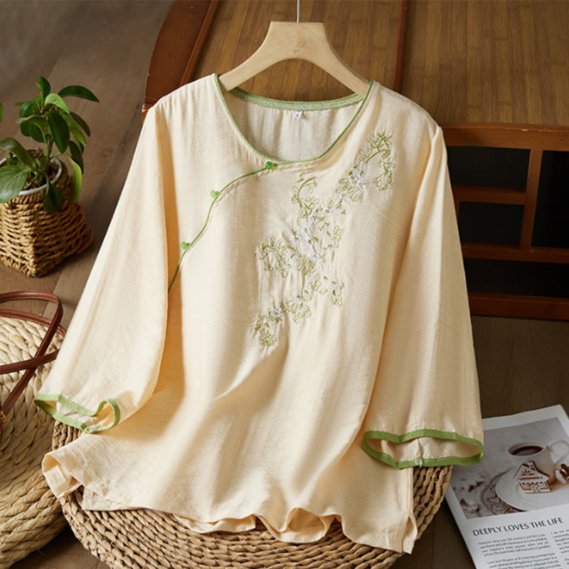 Nimara Ritual Casual Women's Flowers Embroidery Pattern Frog-button Slanted Collar Design Three Quarter Sleeve Cotton Linen Shirt