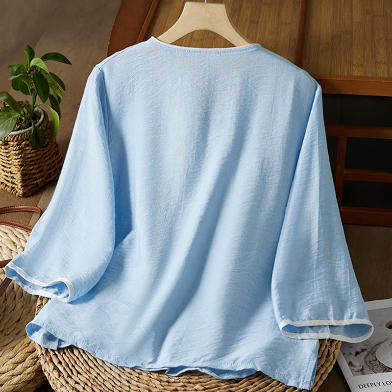 Nimara Ritual Casual Women's Flowers Embroidery Pattern Frog-button Slanted Collar Design Three Quarter Sleeve Cotton Linen Shirt