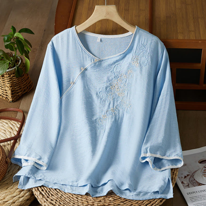 Nimara Ritual Casual Women's Flowers Embroidery Pattern Frog-button Slanted Collar Design Three Quarter Sleeve Cotton Linen Shirt
