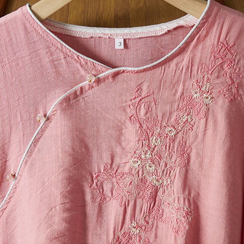 Nimara Ritual Casual Women's Flowers Embroidery Pattern Frog-button Slanted Collar Design Three Quarter Sleeve Cotton Linen Shirt