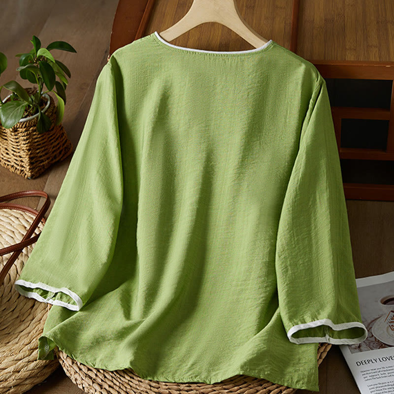 Nimara Ritual Casual Women's Flowers Embroidery Pattern Frog-button Slanted Collar Design Three Quarter Sleeve Cotton Linen Shirt