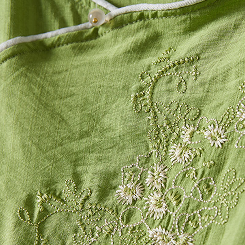 Nimara Ritual Casual Women's Flowers Embroidery Pattern Frog-button Slanted Collar Design Three Quarter Sleeve Cotton Linen Shirt