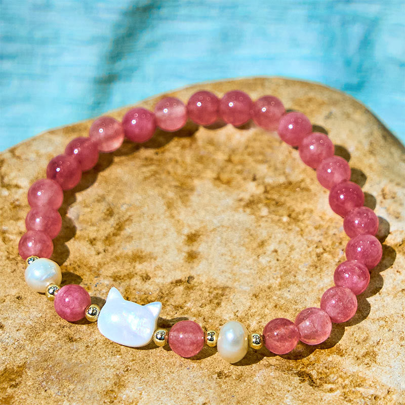 Nimara Ritual Strawberry Quartz Pearl Cat Rabbit Healing Bracelet