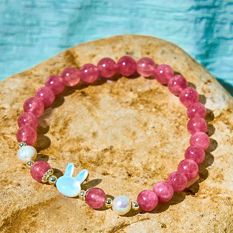 Nimara Ritual Strawberry Quartz Pearl Cat Rabbit Healing Bracelet