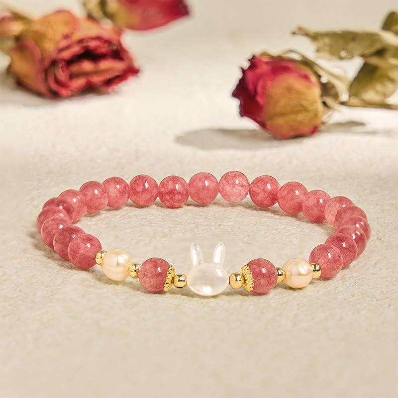 Nimara Ritual Strawberry Quartz Pearl Cat Rabbit Healing Bracelet