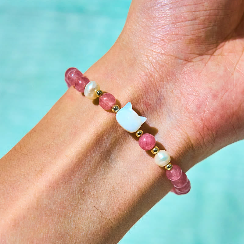 Nimara Ritual Strawberry Quartz Pearl Cat Rabbit Healing Bracelet