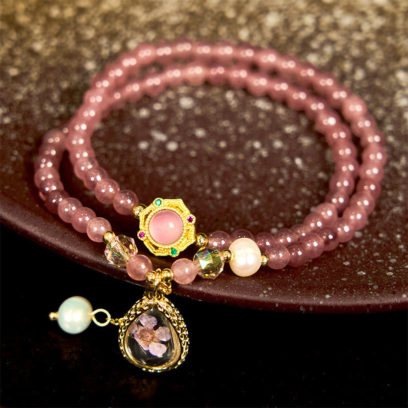 Nimara Ritual Natural Strawberry Quartz Pearl Butterfly Water Drop Positive Double Wrap Bracelet