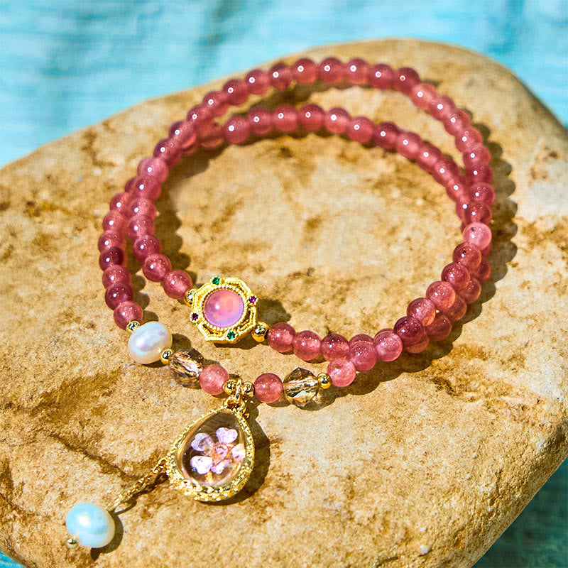 Nimara Ritual Natural Strawberry Quartz Pearl Butterfly Water Drop Positive Double Wrap Bracelet