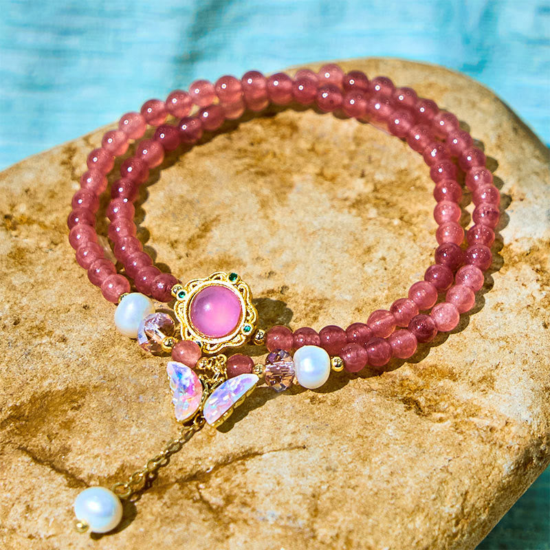 Nimara Ritual Natural Strawberry Quartz Pearl Butterfly Water Drop Positive Double Wrap Bracelet