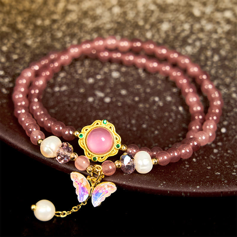Nimara Ritual Natural Strawberry Quartz Pearl Butterfly Water Drop Positive Double Wrap Bracelet