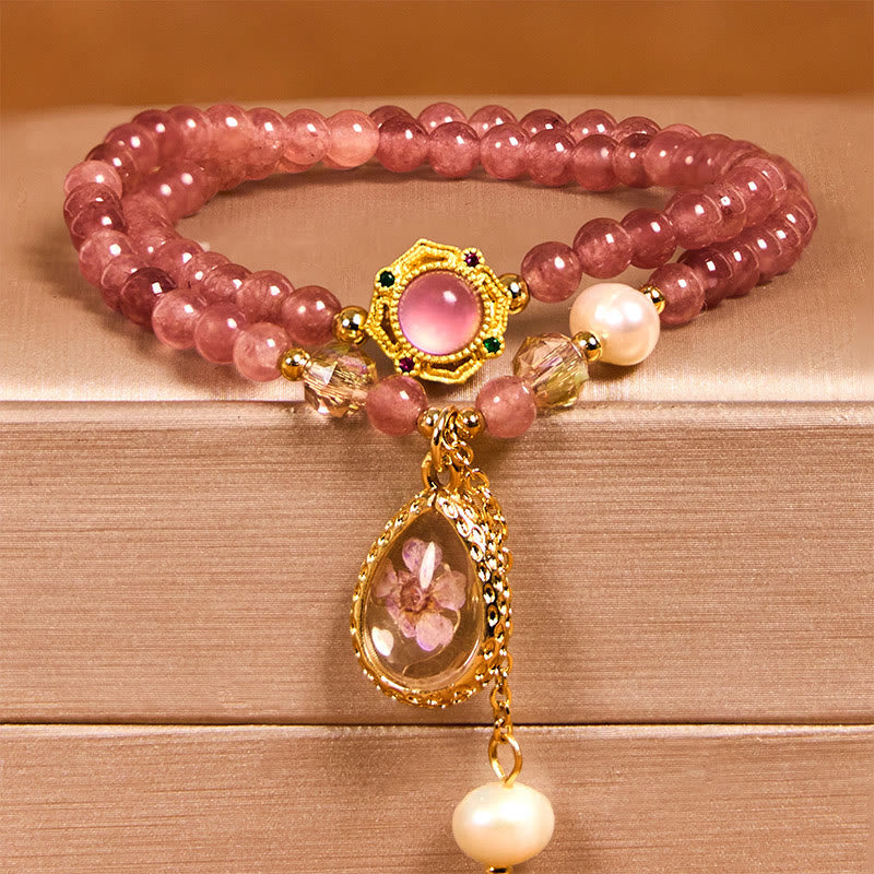Nimara Ritual Natural Strawberry Quartz Pearl Butterfly Water Drop Positive Double Wrap Bracelet