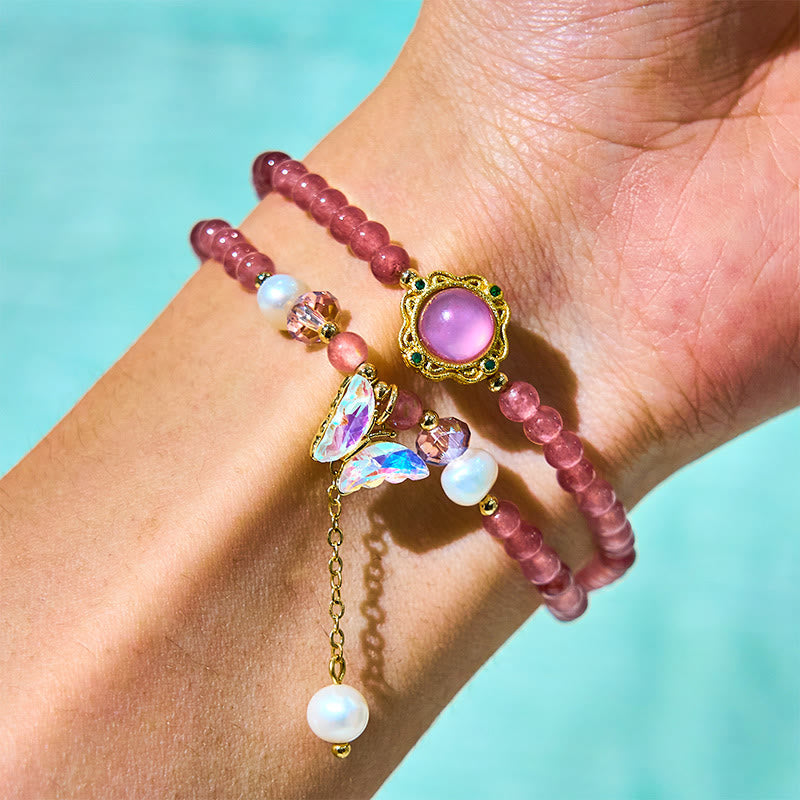Nimara Ritual Natural Strawberry Quartz Pearl Butterfly Water Drop Positive Double Wrap Bracelet