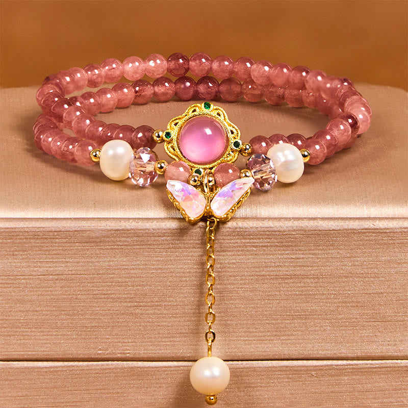 Nimara Ritual Natural Strawberry Quartz Pearl Butterfly Water Drop Positive Double Wrap Bracelet