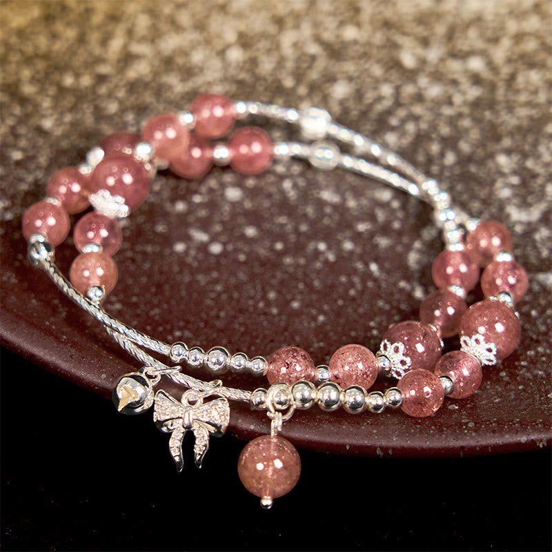 Nimara Ritual Natural Strawberry Quartz Bow-knot Rosette Charm Healing Double Wrap Bracelet