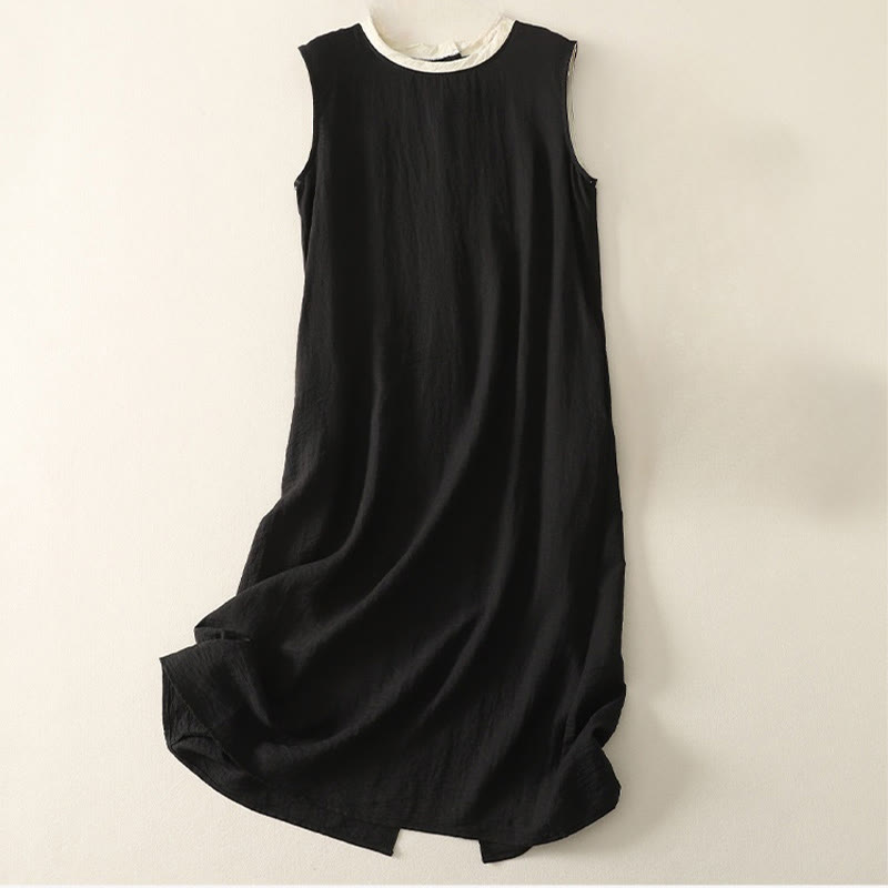 Nimara Ritual Casual Stitching Color Handmade Button Design Midi Dress Polyester Sleeveless Dress With Pockets