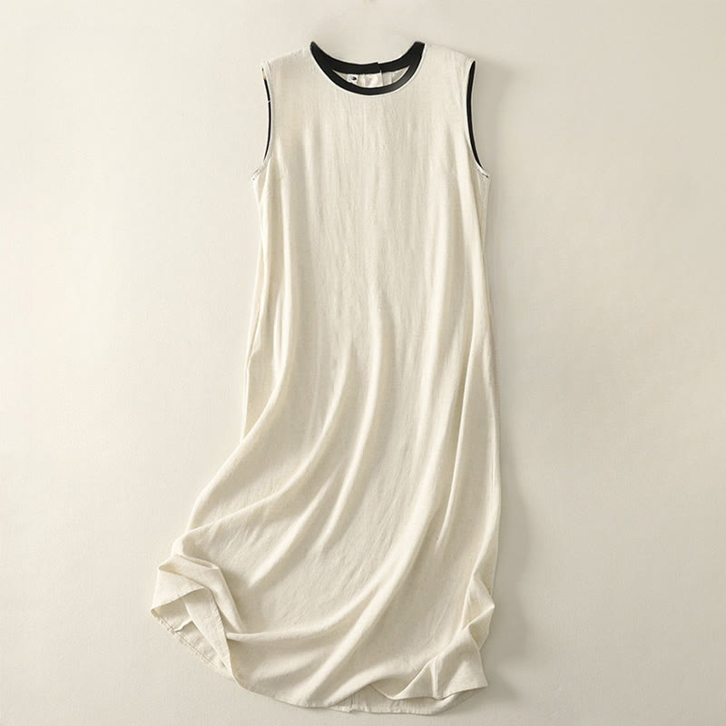 Nimara Ritual Casual Stitching Color Handmade Button Design Midi Dress Polyester Sleeveless Dress With Pockets