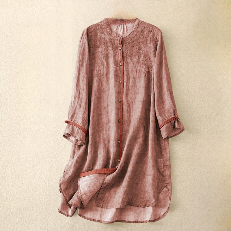 Nimara Ritual Summer Casual Embroidered Stand Collar Design Three Quarter Sleeve Midi Dress