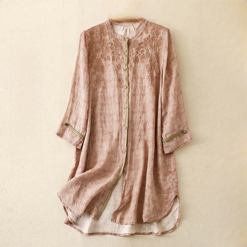 Nimara Ritual Summer Casual Embroidered Stand Collar Design Three Quarter Sleeve Midi Dress
