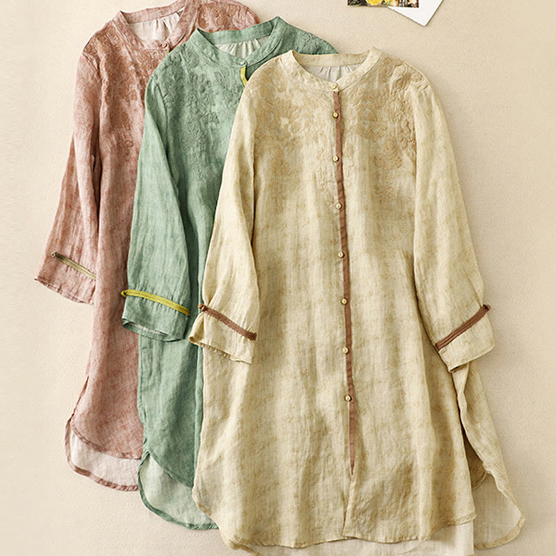 Nimara Ritual Summer Casual Embroidered Stand Collar Design Three Quarter Sleeve Midi Dress
