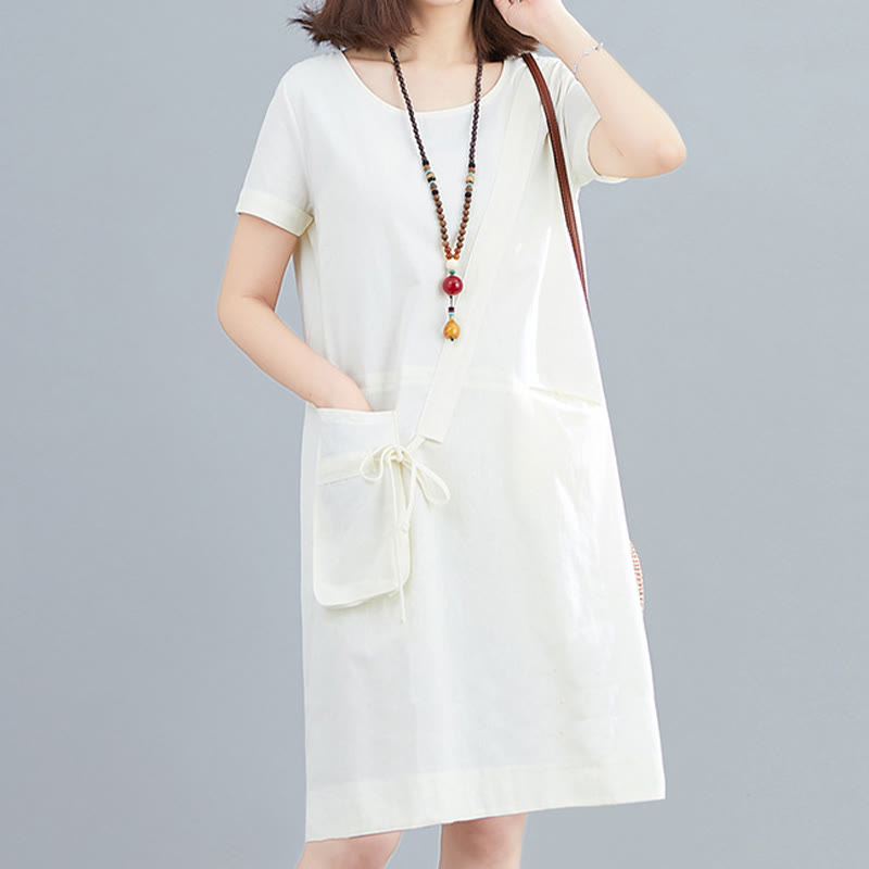 Nimara Ritual Summer Casual Plain Lace-Up Design Crew Neck Short Sleeve Cotton Linen Midi Dress With Pockets