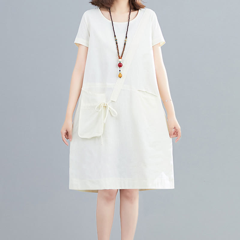 Nimara Ritual Summer Casual Plain Lace-Up Design Crew Neck Short Sleeve Cotton Linen Midi Dress With Pockets
