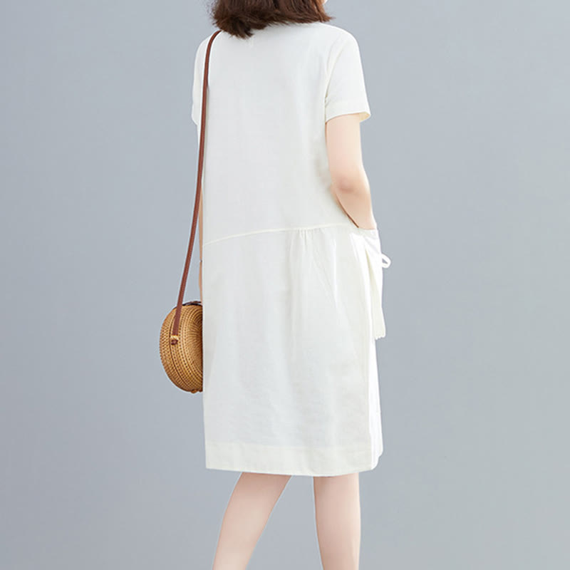 Nimara Ritual Summer Casual Plain Lace-Up Design Crew Neck Short Sleeve Cotton Linen Midi Dress With Pockets