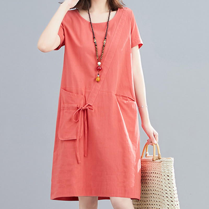 Nimara Ritual Summer Casual Plain Lace-Up Design Crew Neck Short Sleeve Cotton Linen Midi Dress With Pockets