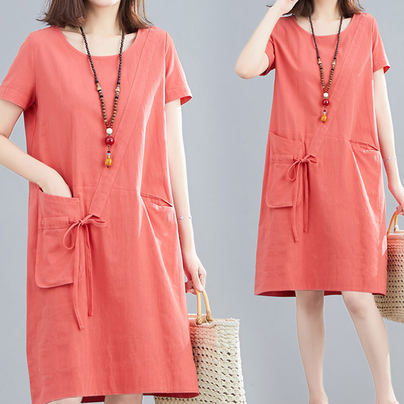 Nimara Ritual Summer Casual Plain Lace-Up Design Crew Neck Short Sleeve Cotton Linen Midi Dress With Pockets