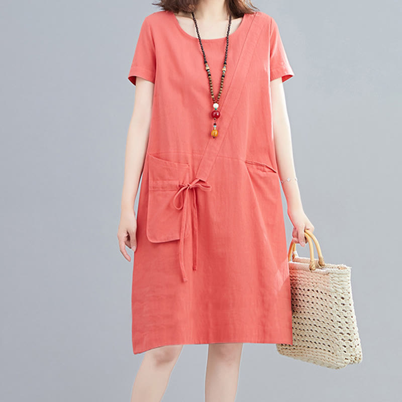 Nimara Ritual Summer Casual Plain Lace-Up Design Crew Neck Short Sleeve Cotton Linen Midi Dress With Pockets