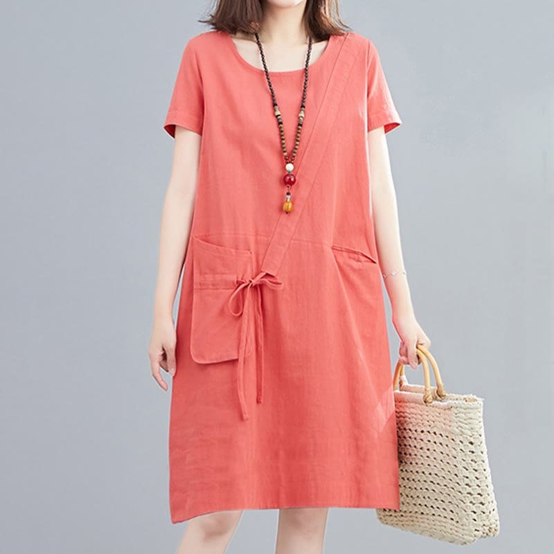 Nimara Ritual Summer Casual Plain Lace-Up Design Crew Neck Short Sleeve Cotton Linen Midi Dress With Pockets