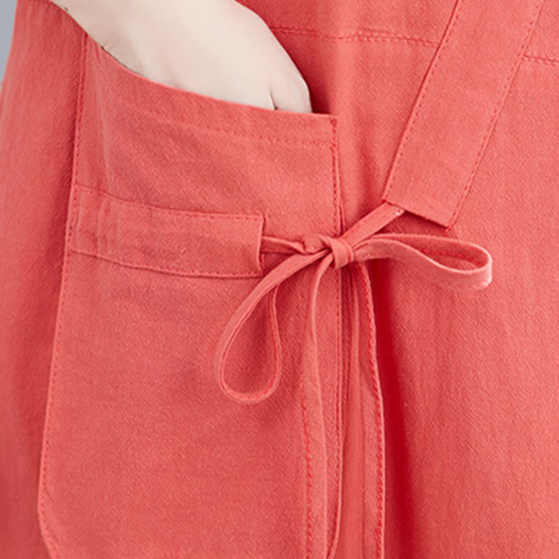 Nimara Ritual Summer Casual Plain Lace-Up Design Crew Neck Short Sleeve Cotton Linen Midi Dress With Pockets