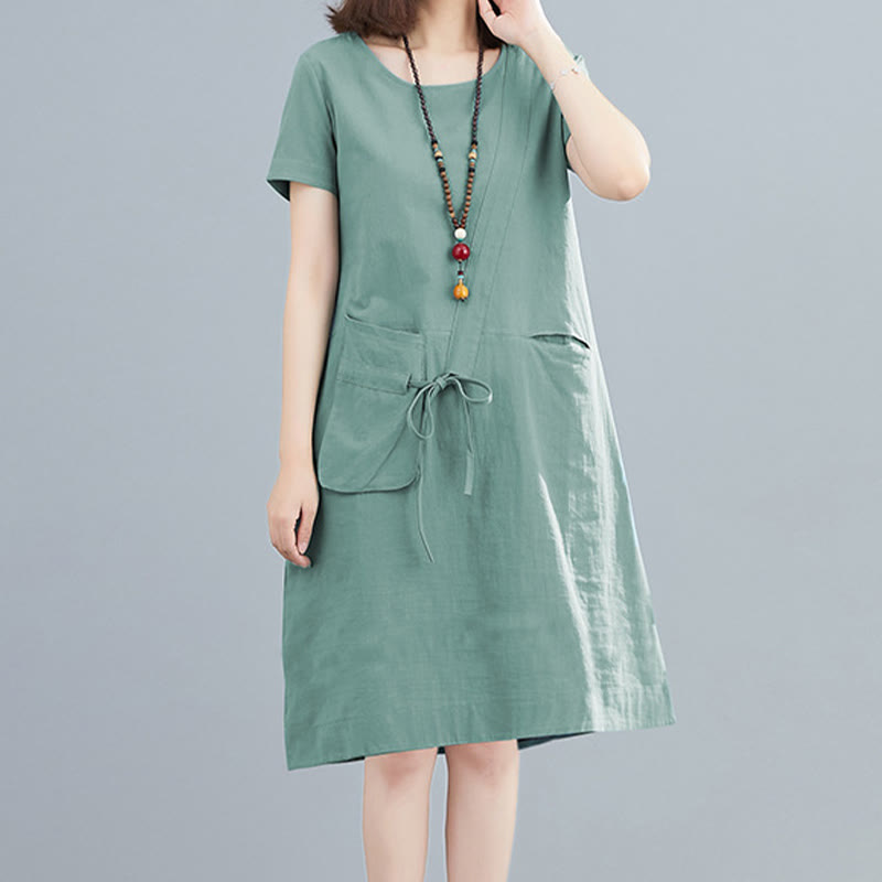 Nimara Ritual Summer Casual Plain Lace-Up Design Crew Neck Short Sleeve Cotton Linen Midi Dress With Pockets