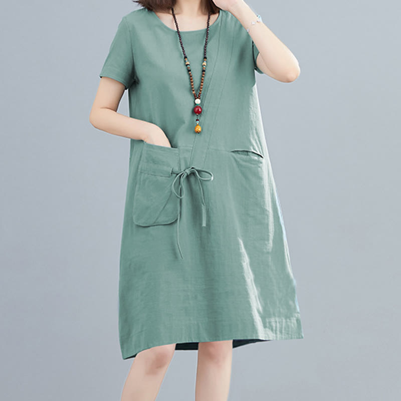 Nimara Ritual Summer Casual Plain Lace-Up Design Crew Neck Short Sleeve Cotton Linen Midi Dress With Pockets
