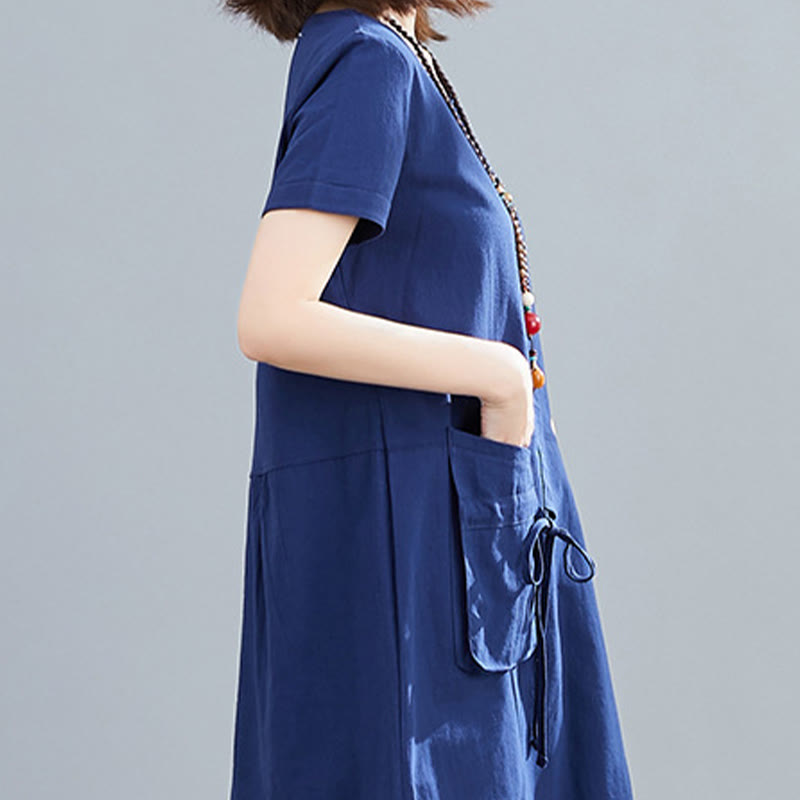 Nimara Ritual Summer Casual Plain Lace-Up Design Crew Neck Short Sleeve Cotton Linen Midi Dress With Pockets
