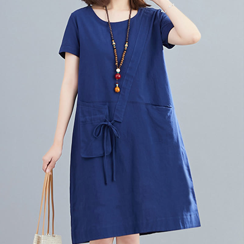 Nimara Ritual Summer Casual Plain Lace-Up Design Crew Neck Short Sleeve Cotton Linen Midi Dress With Pockets