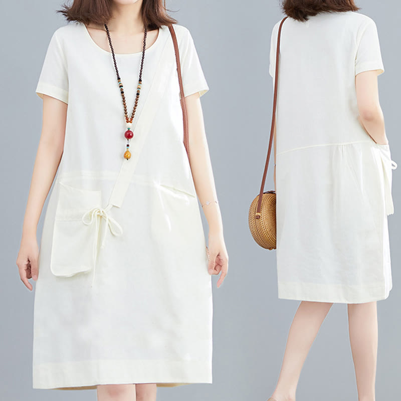 Nimara Ritual Summer Casual Plain Lace-Up Design Crew Neck Short Sleeve Cotton Linen Midi Dress With Pockets