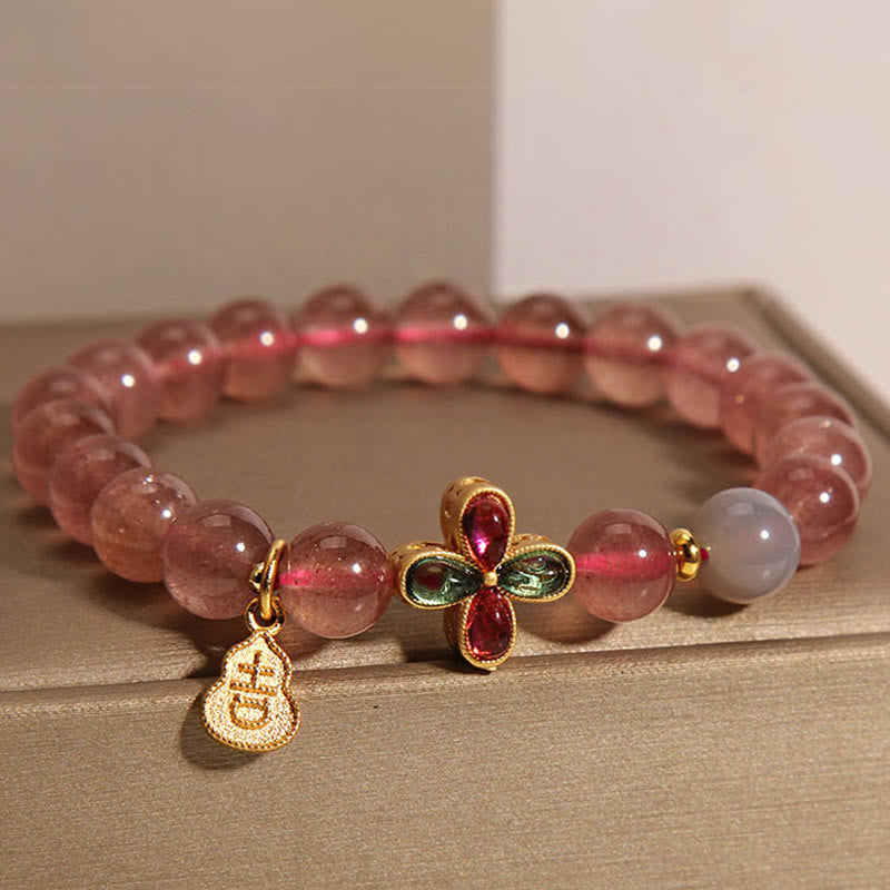 Nimara Ritual Strawberry Quartz Four-leaf Clover Lucky Gourd Healing Bracelet