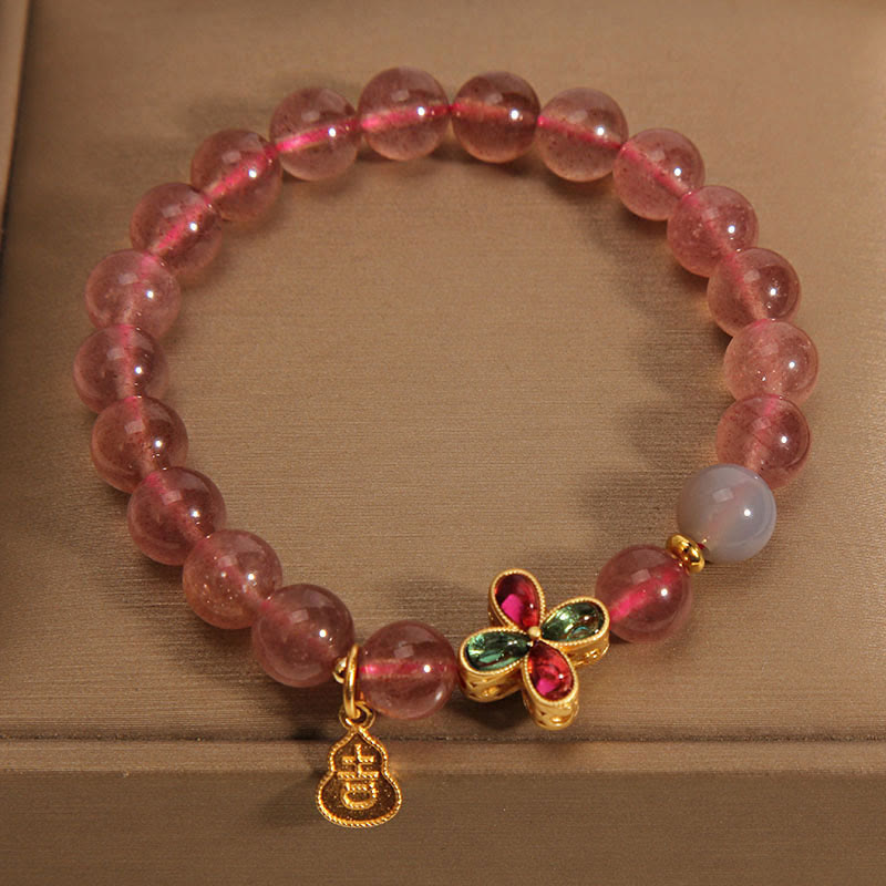 Nimara Ritual Strawberry Quartz Four-leaf Clover Lucky Gourd Healing Bracelet