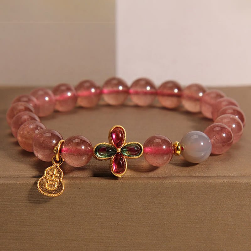 Nimara Ritual Strawberry Quartz Four-leaf Clover Lucky Gourd Healing Bracelet