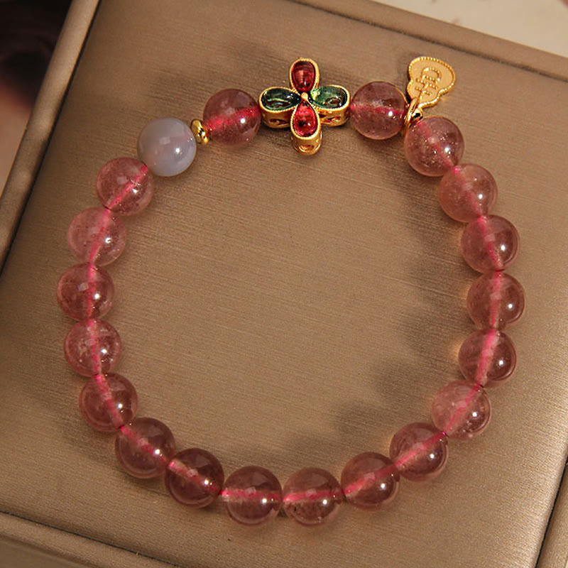 Nimara Ritual Strawberry Quartz Four-leaf Clover Lucky Gourd Healing Bracelet