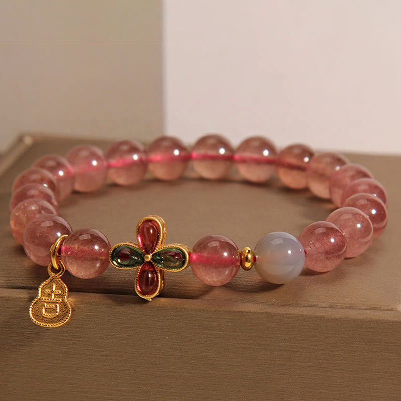 Nimara Ritual Strawberry Quartz Four-leaf Clover Lucky Gourd Healing Bracelet
